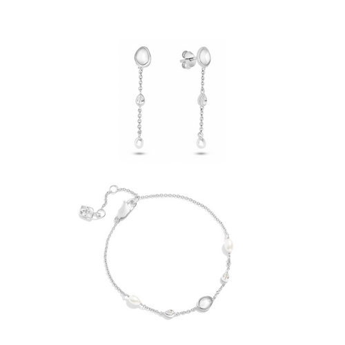 Modern Elegance Quartz & Pearl Bracelet & Earring Set (Silver)
