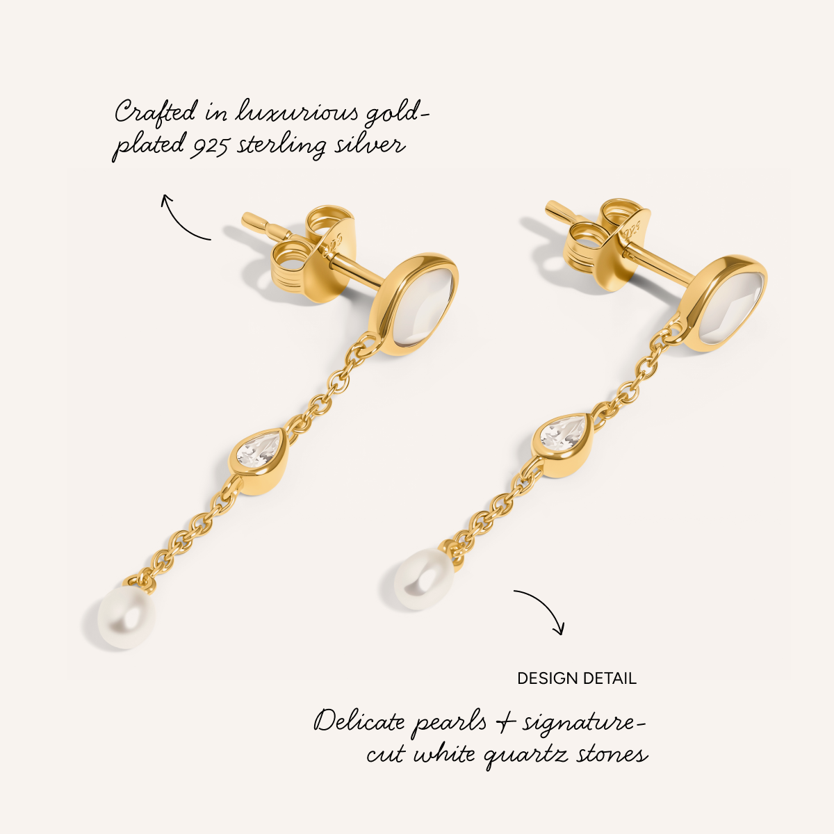 Modern Elegance Quartz & Pearl Drop Earrings (Gold)