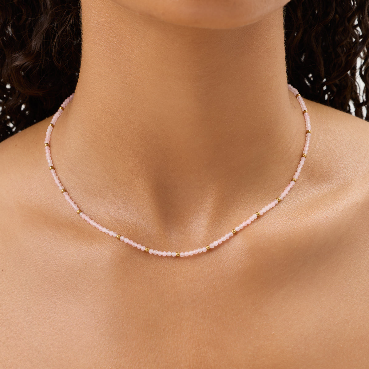 Pink Quartz Mini Beaded Necklace (Gold)