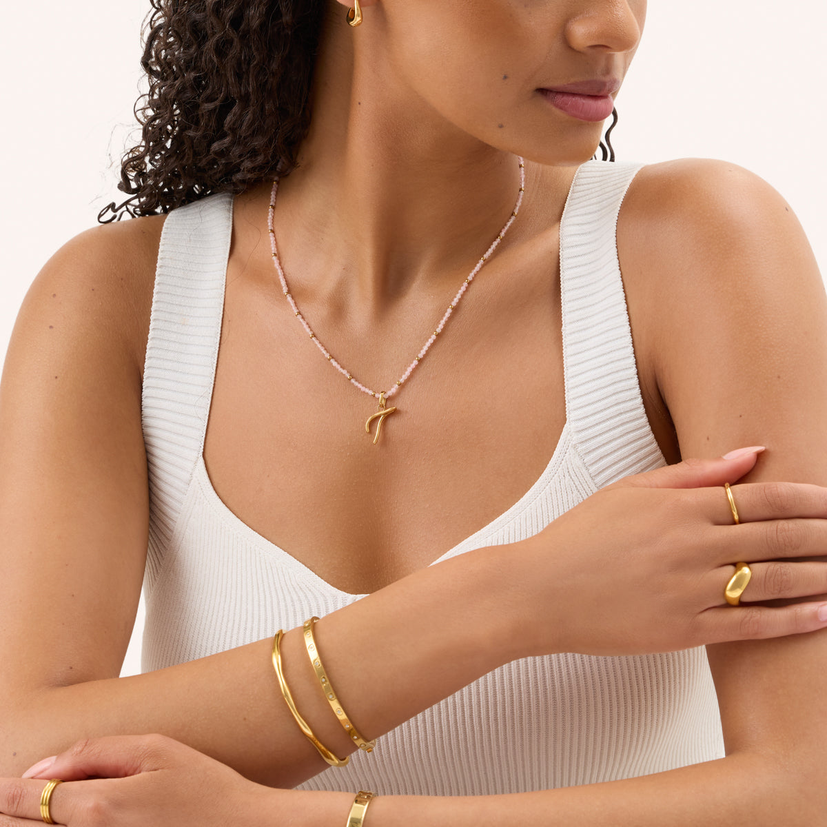 Pink Quartz Mini Beaded Necklace (Gold)