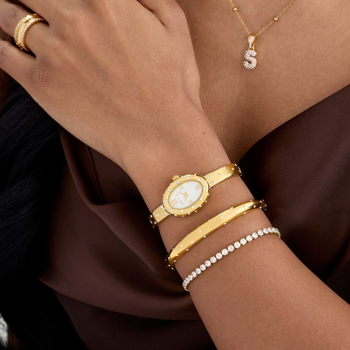 Polka Dot Crystal Watch & Bangle Set (Gold)