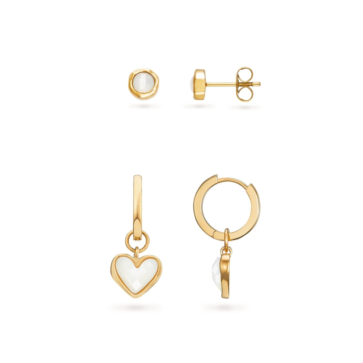 Mother of Pearl Heart Huggie Earrings & Stud Earrings Set (Gold)