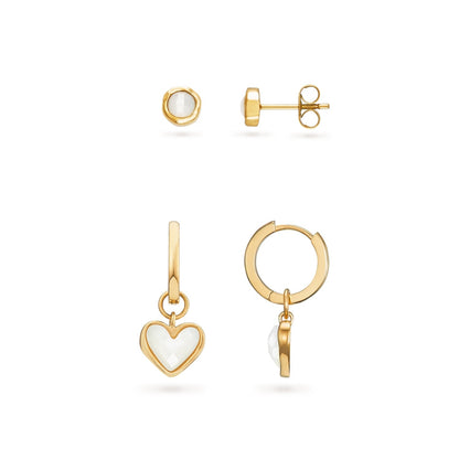 Mother of Pearl Heart Huggie Earrings & Stud Earrings Set (Gold)