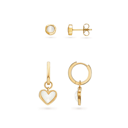 Mother of Pearl Heart Huggie Earrings & Stud Earrings Set (Gold)