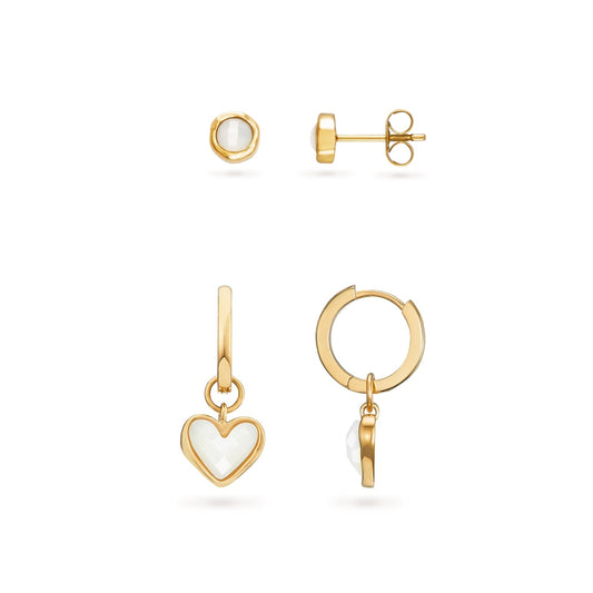 Mother of Pearl Heart Huggie Earrings & Stud Earrings Set (Gold)