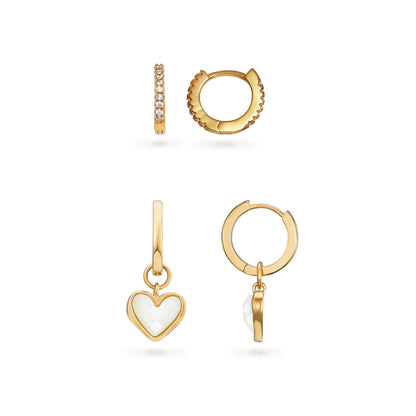 Mother of Pearl Heart Huggie Earrings Set (Gold)