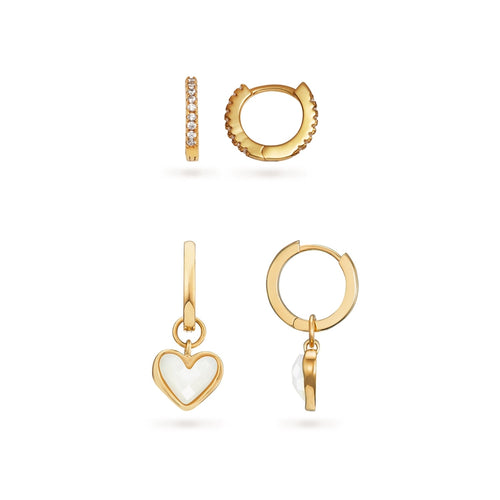 Mother of Pearl Heart Huggie Earrings Set (Gold)