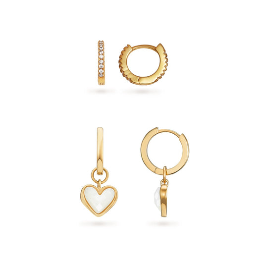 Mother of Pearl Heart Huggie Earrings Set (Gold)