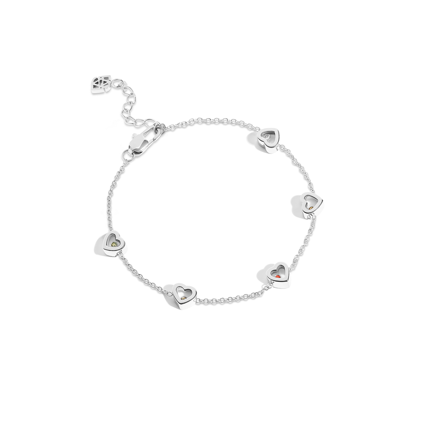 Floating Birthstone Multi Heart Bracelet (Silver)