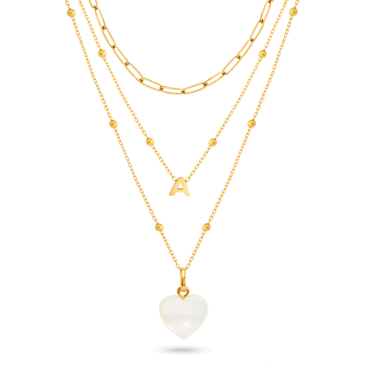 Mini Letter & Heart Birthstone Layered Necklace Set (Gold)