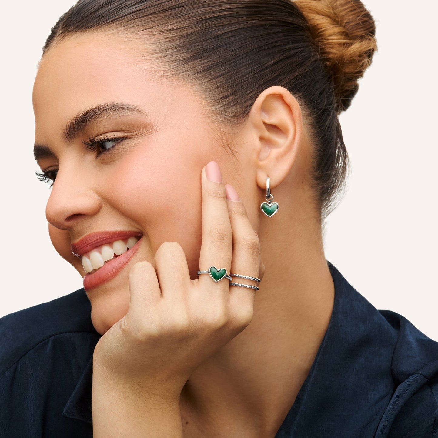 Africa Jade Heart Huggie Earrings (Silver)