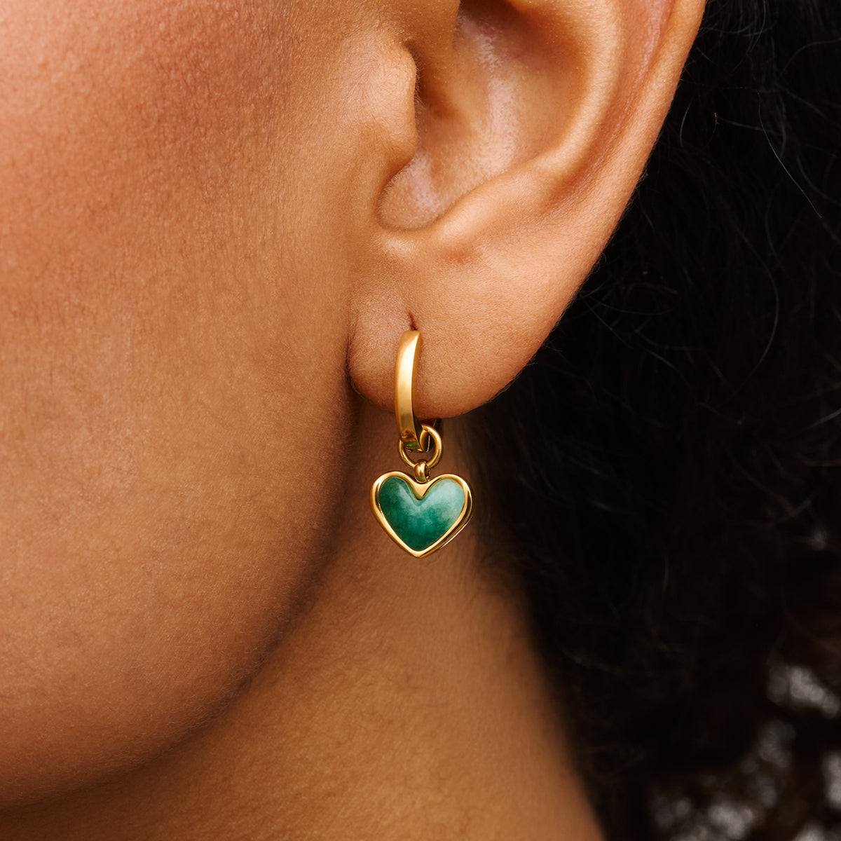 Green Quartz Heart Necklace & Huggie Set (Gold)