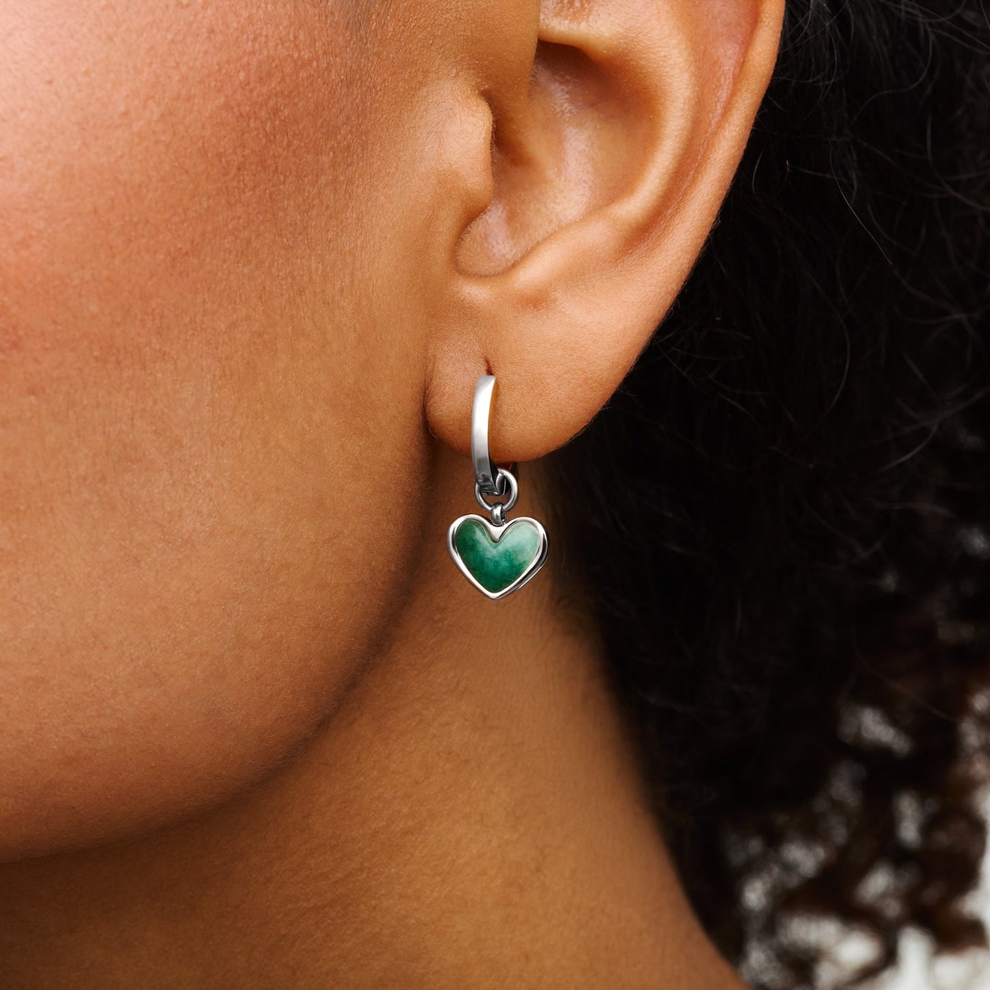 Africa Jade Heart Huggie Earrings (Silver)