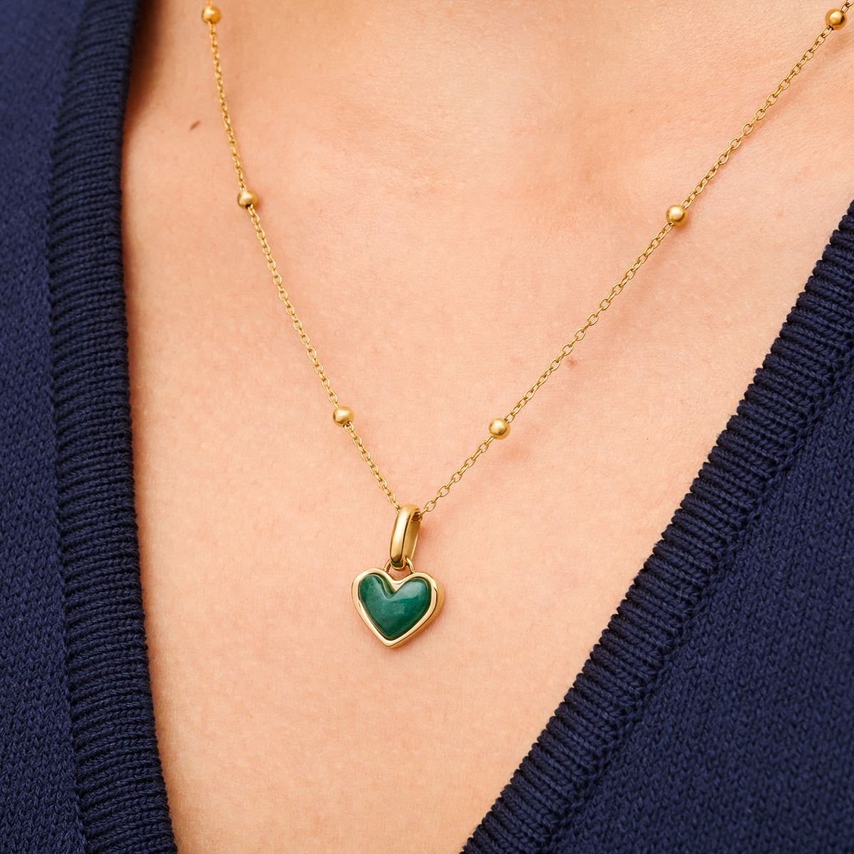 Green Quartz Heart Necklace & Huggie Set (Gold)