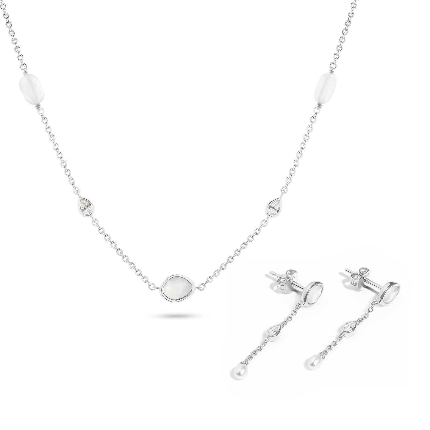 Modern Elegance Quartz & Pearl Necklace & Earrings Set (Silver)