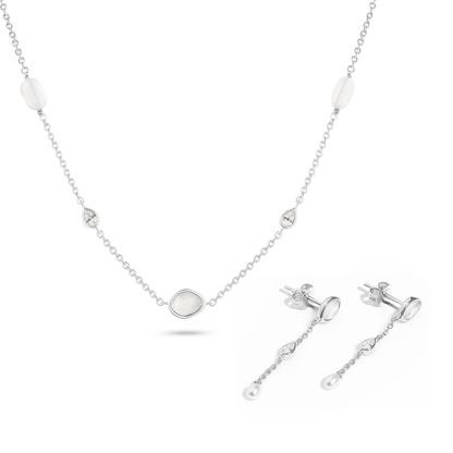 Modern Elegance Quartz & Pearl Necklace & Earrings Set (Silver)