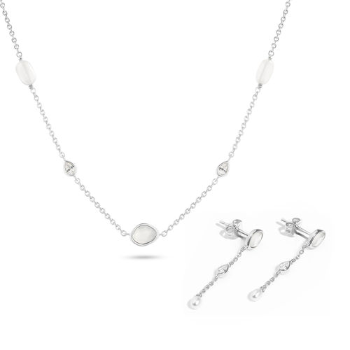 Modern Elegance Quartz & Pearl Necklace & Earrings Set (Silver)