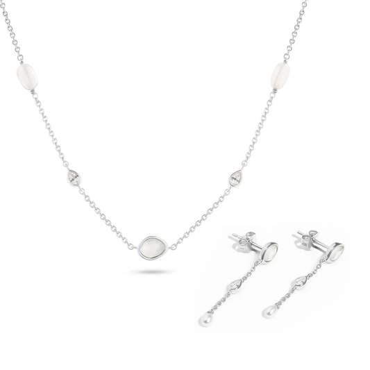 Modern Elegance Quartz & Pearl Necklace & Earrings Set (Silver)