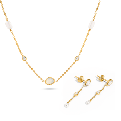 Modern Elegance Quartz & Pearl Necklace & Earrings Set (Gold)