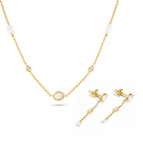 Modern Elegance Quartz & Pearl Necklace & Earrings Set (Gold)