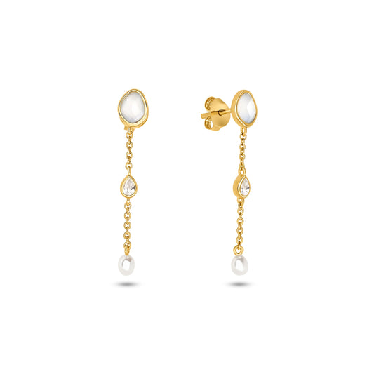 Modern Elegance Quartz & Pearl Drop Earrings (Gold)
