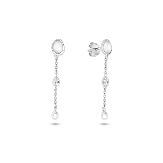 Modern Elegance Quartz & Pearl Drop Earrings (Silver)