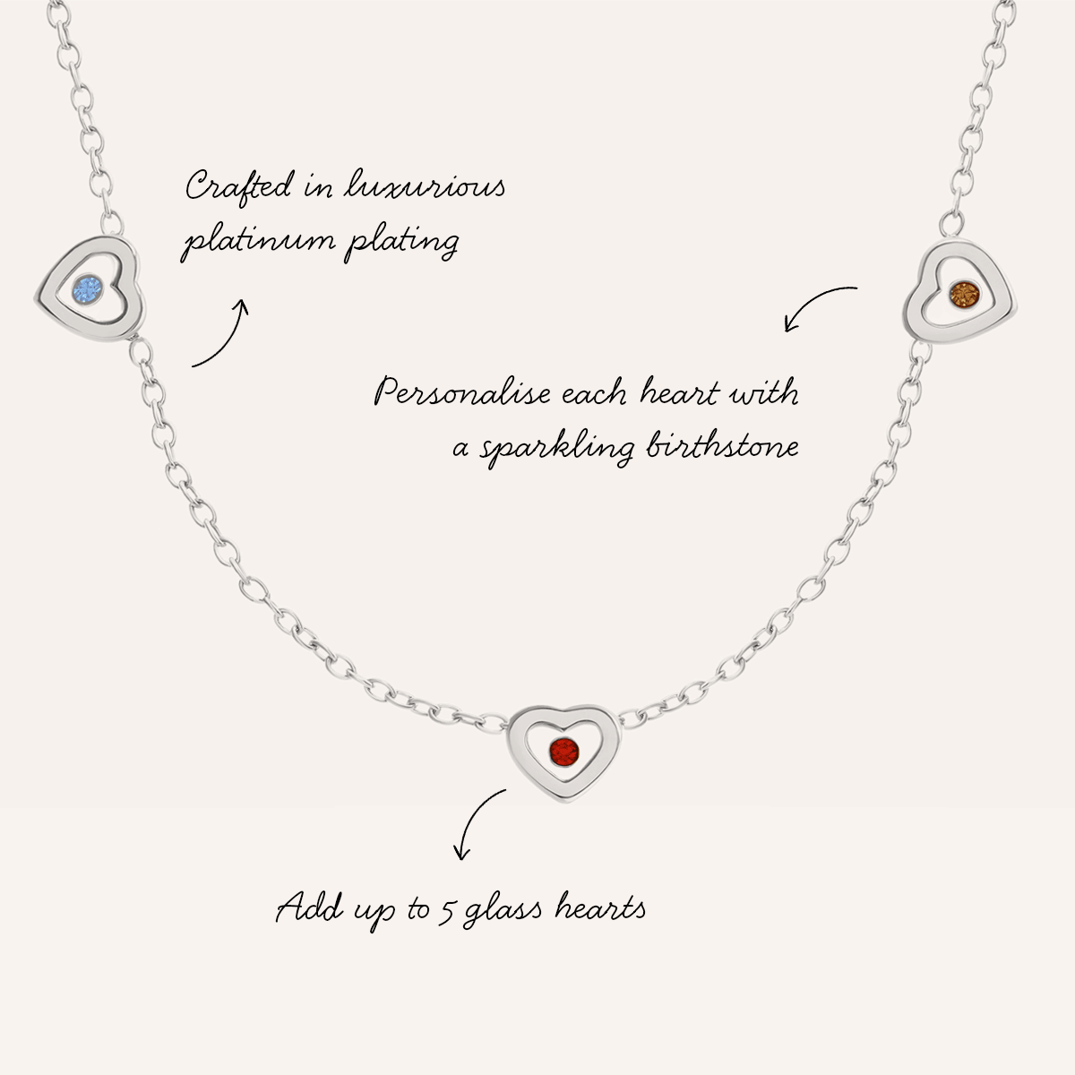 Floating Birthstone Multi Heart Necklace (Silver)