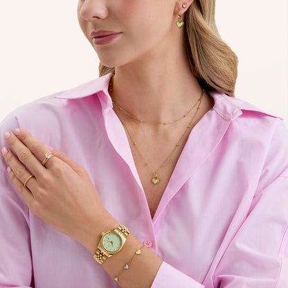 Mint Green Quartz Heart Necklace & Earrings Set (Gold)