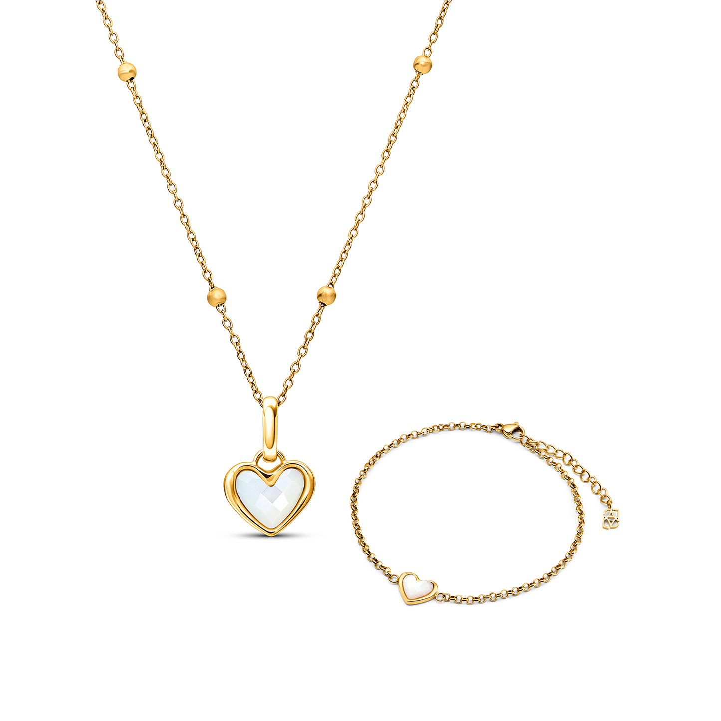 Mother of Pearl Heart Necklace & Bracelet Set (Gold)