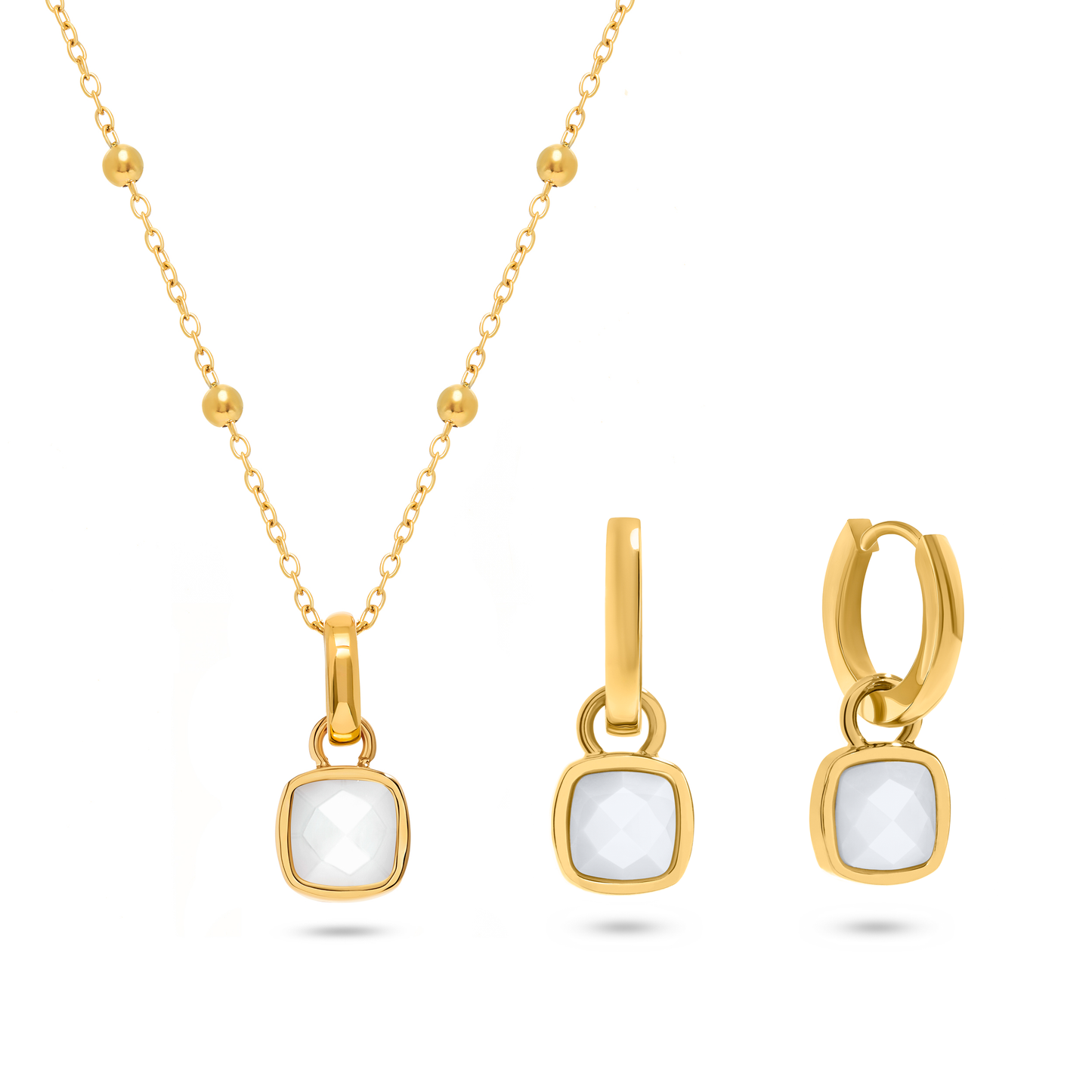 Mother of Pearl Cushion Necklace & Earrings Set (Gold)