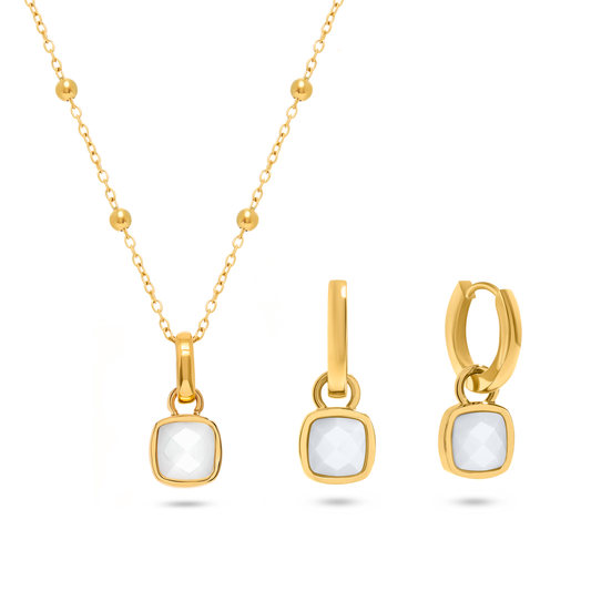 Mother of Pearl Cushion Necklace & Earrings Set (Gold)