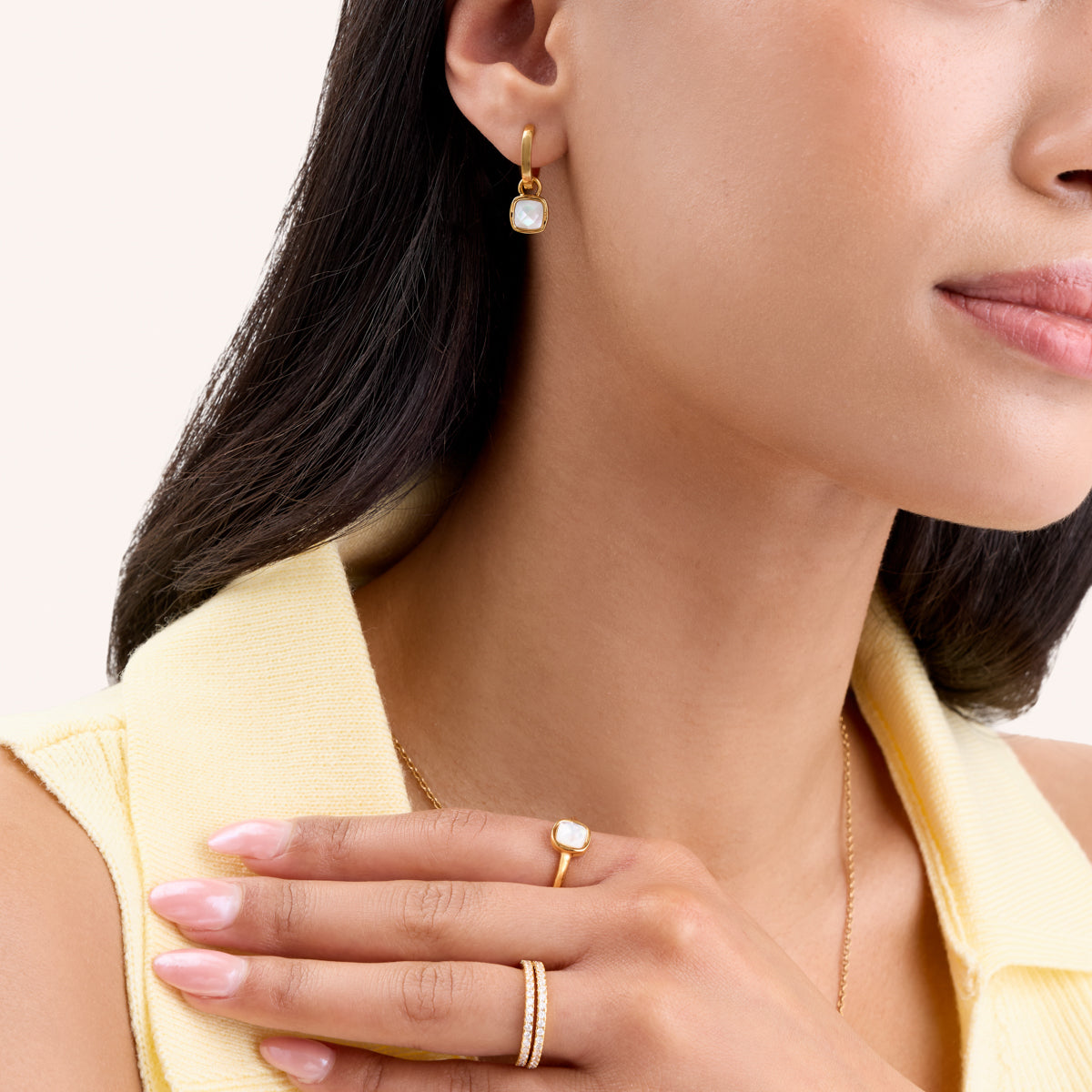 Mother of Pearl Cushion Huggie Earrings (Gold)