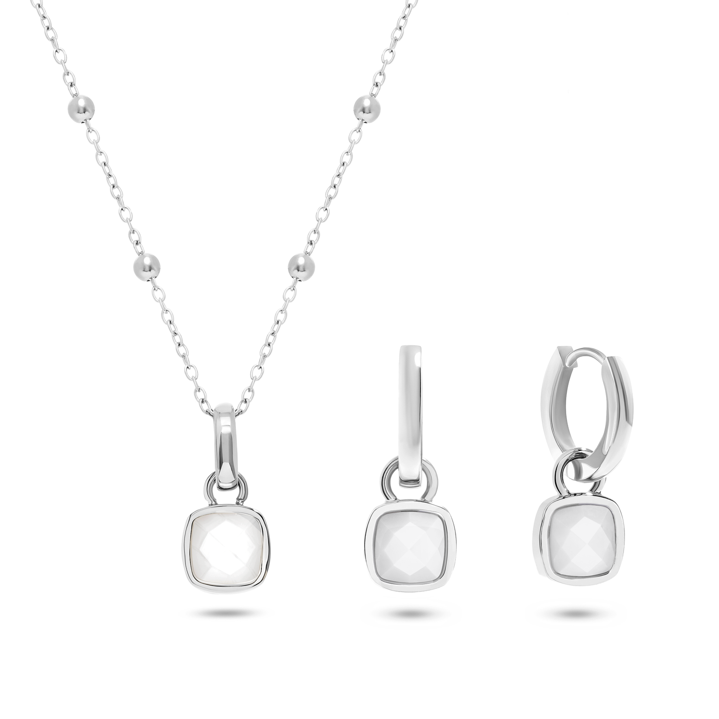 Mother of Pearl Cushion Necklace & Earrings Set (Silver)