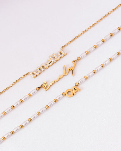 Pearl Chain Signature Name Necklace (Gold)