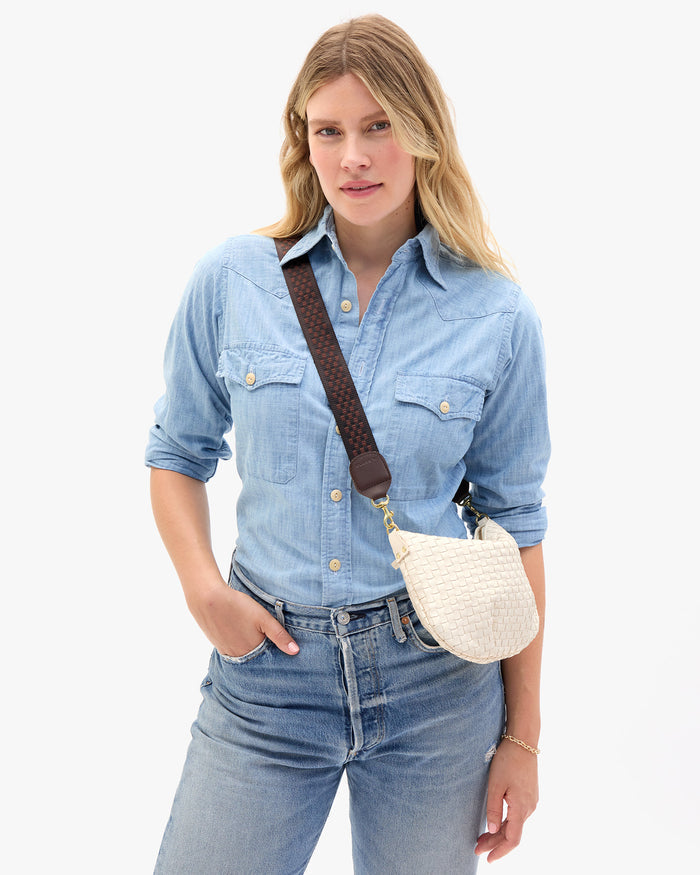 Elle wears the Adjustable Crossbody Strap on Petit Moyen