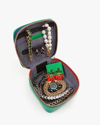 Emerald Nappa Box A Bijoux open and full of jewelry pieces.