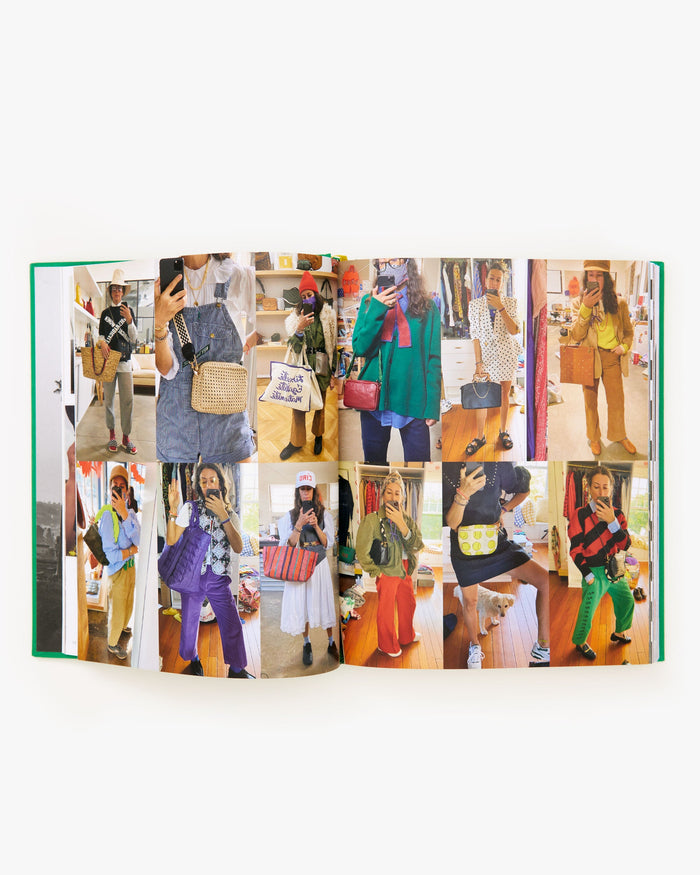 Le Vie de Clare V. Book open to a page of a collection of mirror selfies