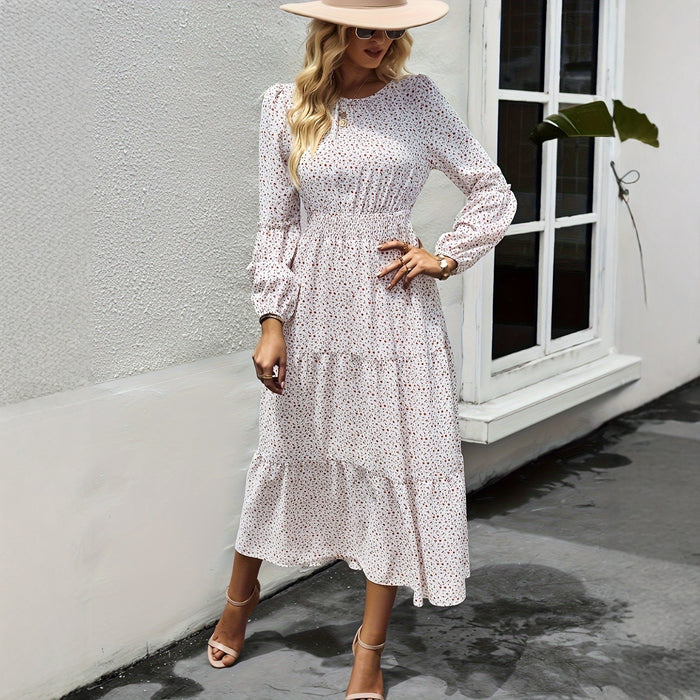 Women's Floral Chiffon Puff Sleeve Midi Dress – Summer Fashion