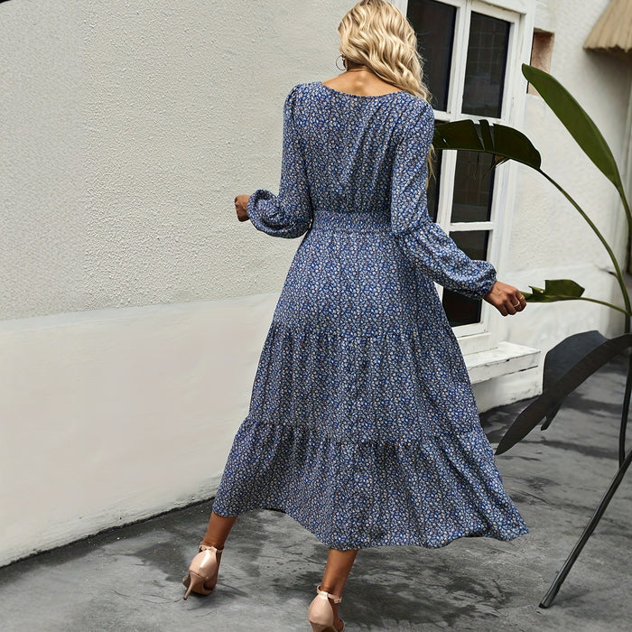 Women's Floral Chiffon Puff Sleeve Midi Dress – Summer Fashion