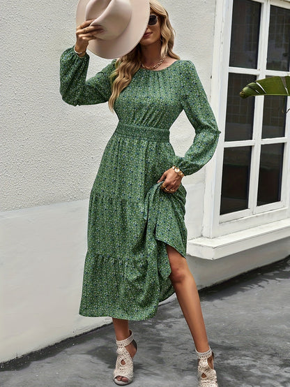 Women's Floral Chiffon Puff Sleeve Midi Dress – Summer Fashion