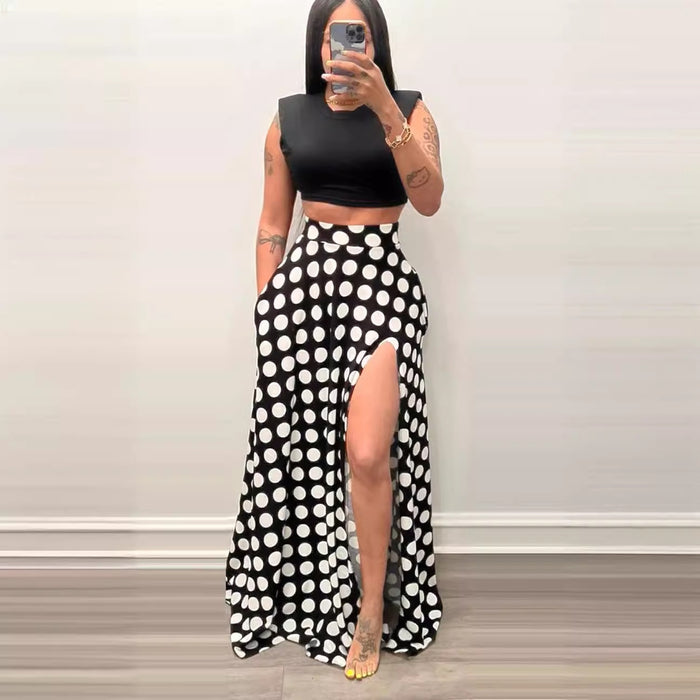 Women's High-Waisted Polka Dot Split Midi Skirt – Black