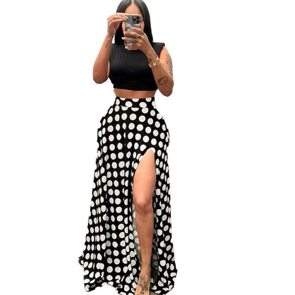 Women's High-Waisted Polka Dot Split Midi Skirt – Black