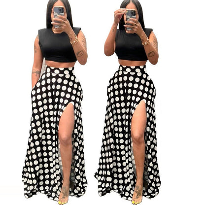 Women's High-Waisted Polka Dot Split Midi Skirt – Black