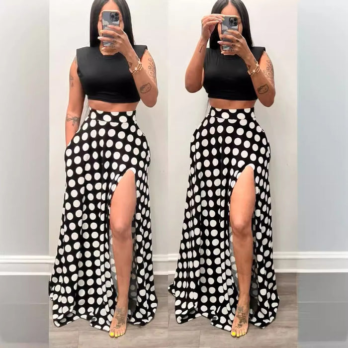 Women's High-Waisted Polka Dot Split Midi Skirt – Black
