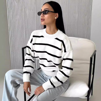 Women's Striped Color-Block Loose Pullover Top – Long Sleeve
