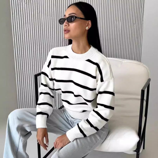 Women's Striped Color-Block Loose Pullover Top – Long Sleeve