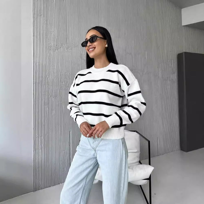Women's Striped Color-Block Loose Pullover Top – Long Sleeve