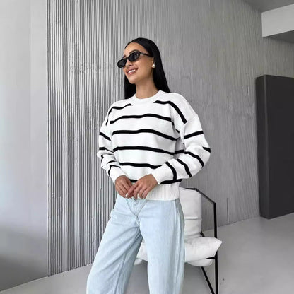 Women's Striped Color-Block Loose Pullover Top – Long Sleeve