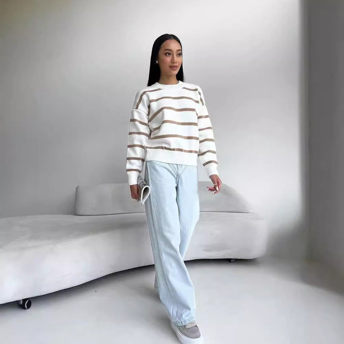 Women's Striped Color-Block Loose Pullover Top – Long Sleeve