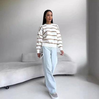 Women's Striped Color-Block Loose Pullover Top – Long Sleeve
